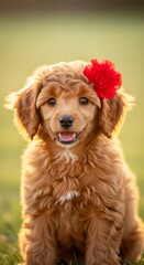 Adorable Golden Doodle Puppy with Red Flower Adornment.
