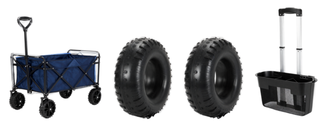 Photograph of three large, rugged, black tires next to a blue, wheeled trash cart and a black, collapsible trash basket with silver handles.