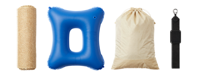 Photograph of four objects: a cylindrical straw roll, a blue balloon with a central oval cutout, a beige cloth sack, and a black water pipe with a silver tip.