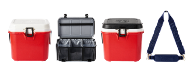 Photograph of four red and white coolers with black lids, one open showing two black mesh bags, and a blue shoulder strap on the right.