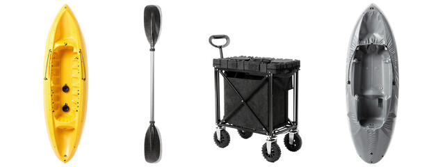 Yellow kayak, black paddle, black cargo trailer with wheels, gray inflatable boat, all arranged horizontally on.