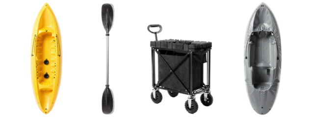 Yellow kayak, black paddle, black cargo trailer with wheels, gray inflatable boat, all arranged horizontally on.