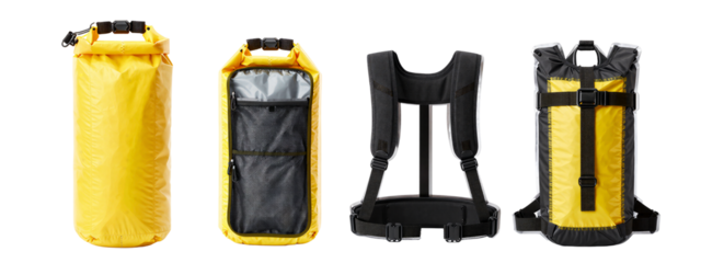 Photograph of four yellow and black backpacks, showing front, back, and side views, with adjustable straps and mesh pockets.