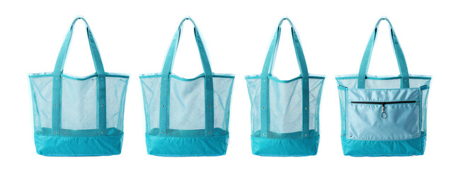 Photograph of four turquoise mesh tote bags, three with open sides, one with a front pocket, all with long handles.