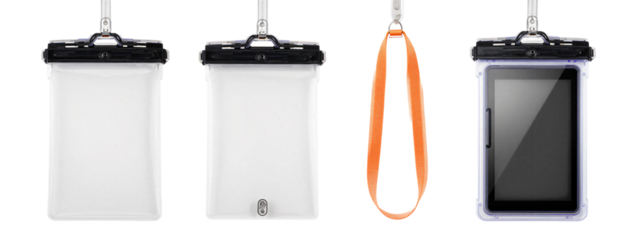 Four waterproof phone cases, black top clips, white and transparent bodies, orange strap on middle case, black screen on right.