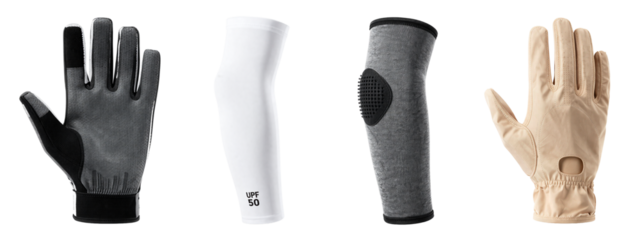 Photograph of four gloves: black textured glove, white cylindrical glove, gray textured glove with black thumb, beige leather glove.