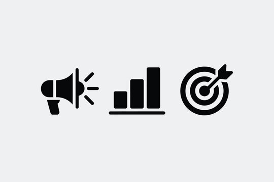Marketing icons set in modern minimalist style with black color on white background for business presentation
