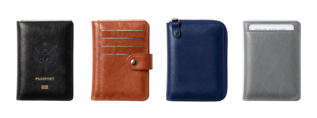 Four leather passport wallets, black, brown, blue, and gray, with visible stitching, metal buttons, and horizontal slits, arranged horizontally.