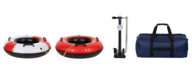 Photograph of two inflatable life rings (red and white, black and red), a portable water pump, and a blue duffel bag.