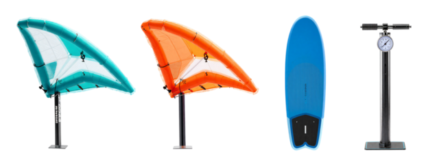 Photograph of four wind-surfing items: two colorful triangular sails (teal, orange), one blue and black surfboard, and one black wind meter with a circular dial.