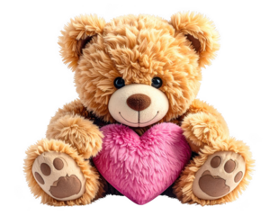 Cute teddy bear holding a pink heart isolated on transparent background, a sweet and adorable plush toy for valentines day or any special occasion.