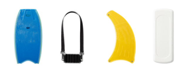 Four water shoes, blue, black, yellow, and white, displayed side by side. Blue and yellow have curved shapes, black has a strap, white is rectangular with textured surface.