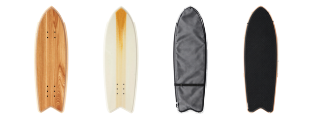 Four longboard skateboards, top view, from left to right: wooden texture, white with yellow gradient, gray fabric, black textured fabric.
