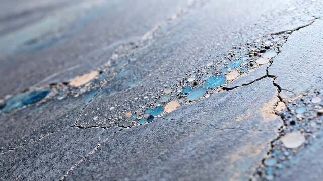 Cracked asphalt surface with embedded stones