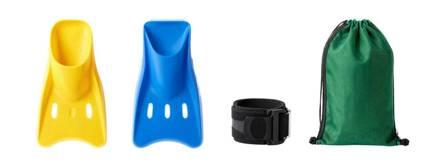 Photograph of four items: yellow and blue plastic scoops, black textured wristband, green mesh bag, all on.