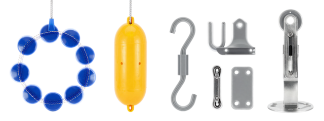 Photograph of various objects: blue pom-pom necklace, yellow cylindrical object, gray metal hook, gray metal bracket, gray metal rod, clear glass base, all on.