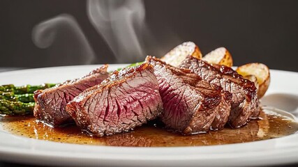 A beautifully plated medium-rare steak served with roasted potatoes and asparagus, emitting steam, set against a dark background, ideal for culinary publications or menus