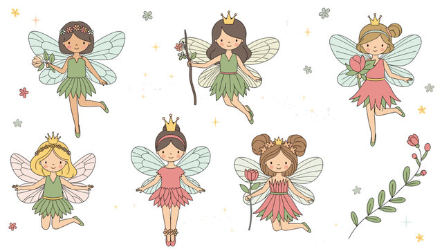 A charming collection of six cute fairies with delicate wings and crowns, wearing green and pink dresses, surrounded by little flowers and sparkles.