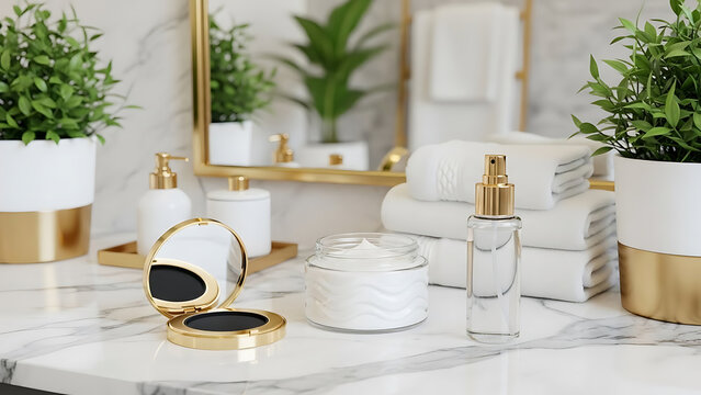 Elegant bathroom interior with beauty and cosmetic products