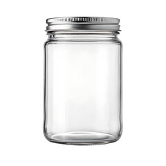 Clear glass jar, with silver lid and smooth cylindrical body, cutout, PNG isolated on white or transparent background