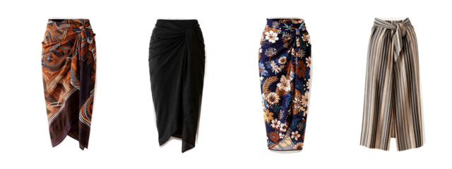 Five different skirts displayed . From left to right: patterned orange and brown skirt, black pleated skirt, dark blue floral skirt, and two with zebra-like patterns.