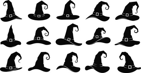 Witch hat silhouette collection vector illustration featuring Halloween magic costume accessories isolated on white background for spooky seasonal design projects © Afsana Creatives