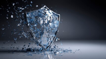 A metallic shield shatters into tiny, sparkling pieces against a dark, blurred background, depicting destruction