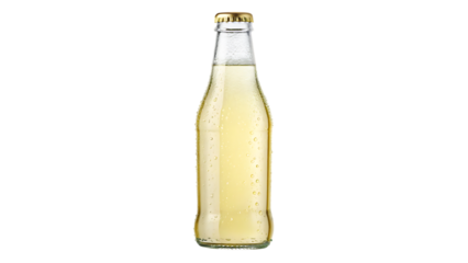 Clear glass soda bottle, filled with pale yellow liquid, cutout, PNG isolated on white or transparent background