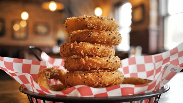 Towering stack of crispy golden fried onion rings served in a red and white checkered basket at a restaurant