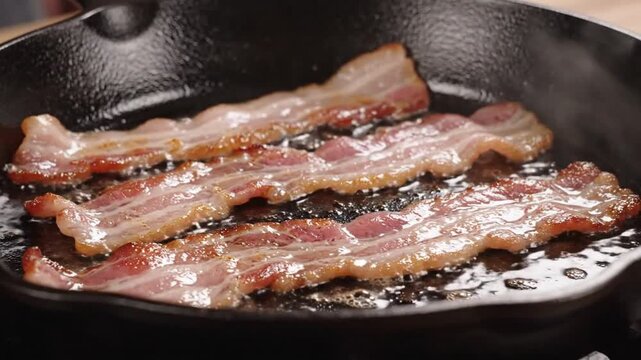 Crispy bacon sizzling in a cast iron skillet, with grease bubbling around it, set against a rustic kitchen background, perfect for cooking blogs or food magazines