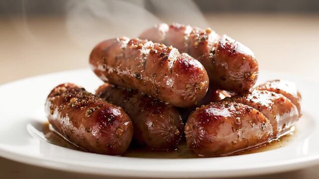 A steaming plate of freshly cooked sausages, glistening with spices, presented on a white dish, showcasing a cozy kitchen background with warm lighting and inviting atmosphere