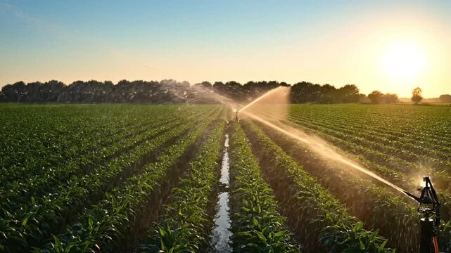 A serene video of an irrigation system watering a lush green field at sunrise agriculture farming video