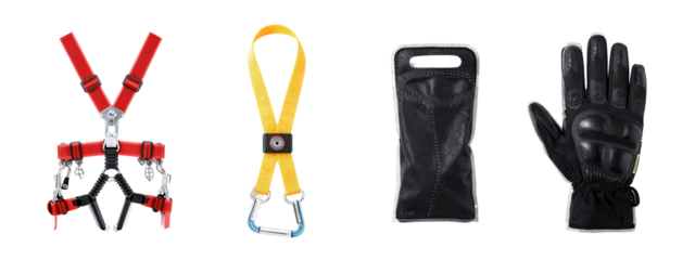 Photograph of four items: red and black leather harness with metal chains, yellow strap with black buckle, black leather glove with textured wrist, and black leather glove with stitching.