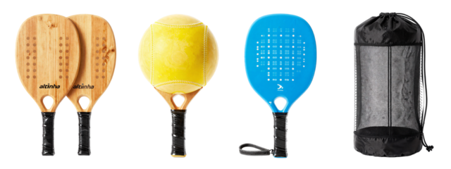 Photograph of four tennis accessories: two wooden tennis rackets with black handles, a yellow tennis ball, a blue tennis racket with black handle, and a black mesh tennis ball bag.
