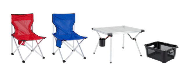 Photograph of two collapsible camping chairs, one red and one blue, next to a white folding table and a black mesh cooler.