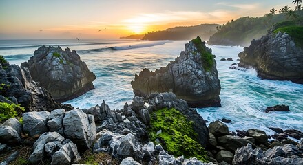 Coastal Sunset - Rocky Shores and Ocean Waves.