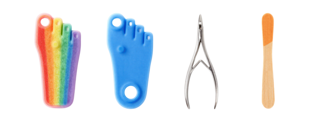 Photograph of four objects: rainbow-colored textured keychain, blue silicone foot-shaped keychain, metal scissors, and wooden-handled orange object.