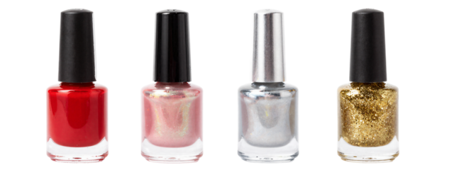 Four nail polish bottles, each with a black cap, in red, pink, silver, and gold glitter shades, lined up.