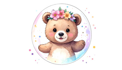 Adorable, cartoon bear with a flower crown, inside a watercolor circle, on black