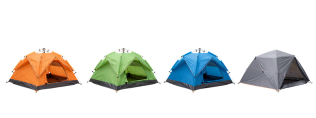 Four colorful tents in a row: orange, green, blue, and gray, each with a dome shape and black trim, set.