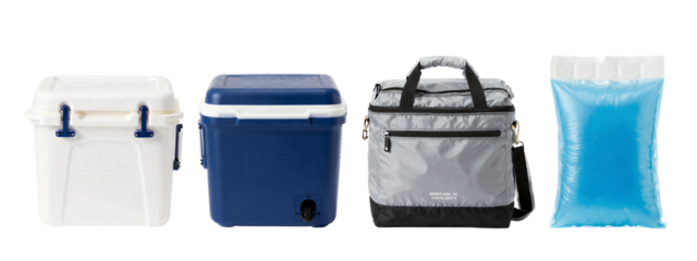 Photograph of four items: white plastic cooler, blue plastic cooler, gray and black backpack cooler, and blue collapsible water bag.