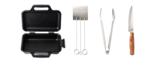 Photograph of a black metal lunchbox, open and flat, next to a silver paperclip, two metal loops, a pair of scissors, and a knife with a wooden handle.