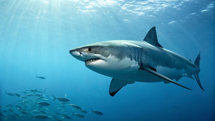 Fototapeta premium Shark swims in clear blue water with small fish nearby during a bright day in the ocean
