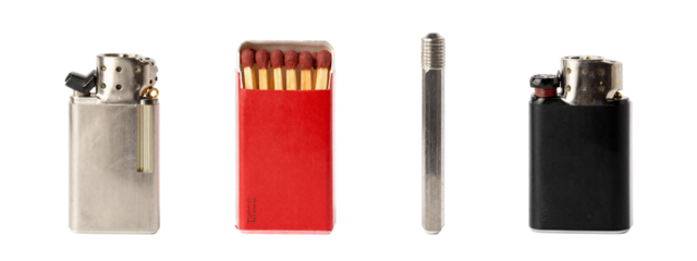 Photograph of four cigarettes: silver metal lighter on left, red cigarette case with eight unlit cigarettes in center, silver metal cigarette on right, black metal lighter on far right.