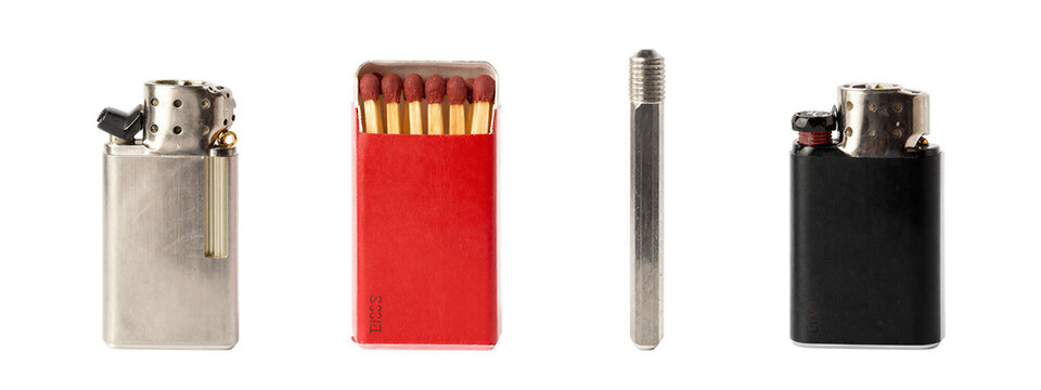 Photograph of four cigarettes: silver metal lighter on left, red cigarette case with eight unlit cigarettes in center, silver metal cigarette on right, black metal lighter on far right.