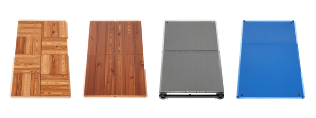 Four rectangular floor tiles in a row, from left to right: wooden parquet, solid brown wood, gray textured carpet, blue vinyl.