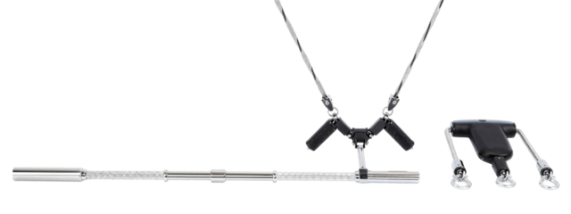 Photograph of a silver necklace with black grip handles and silver ends, laid out flat.