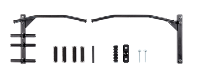 Photograph of black metal suspension bracket, bolts, and screws . Bracket on both left and right sides, bolts and screws in a row below.