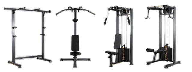 Photograph of four different types of weightlifting machines, each with different designs and features, all in black and silver.