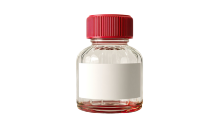 a clear bottle with red cap and blank label could be used for medicine,chemicals,or lab isolated on white background